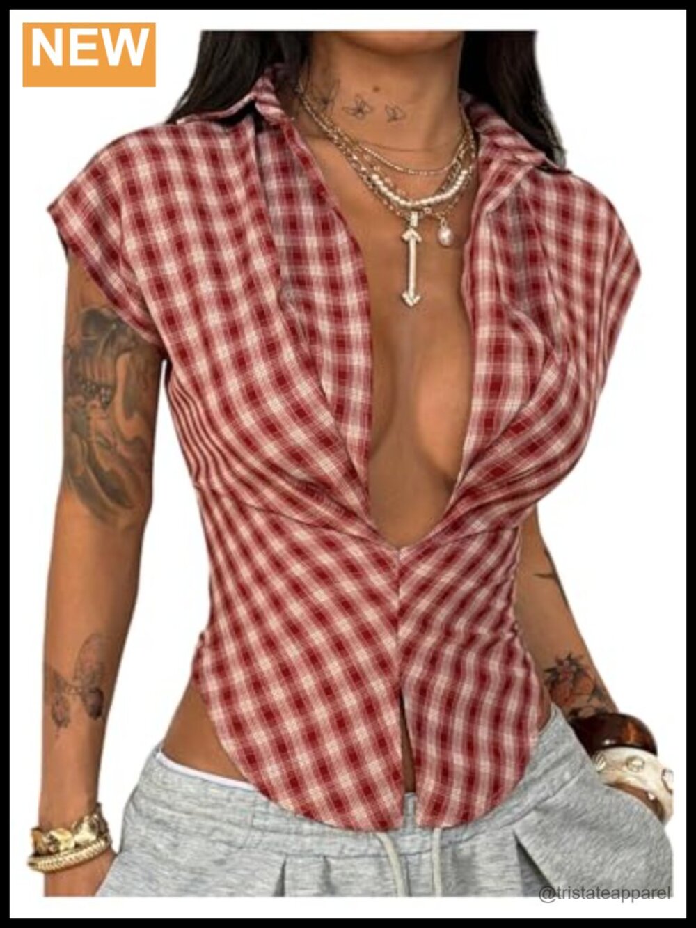 Y2K Plaid Plunge V Neck Collared Blouse Women's Cap Short Sleeve Asymmetrical
